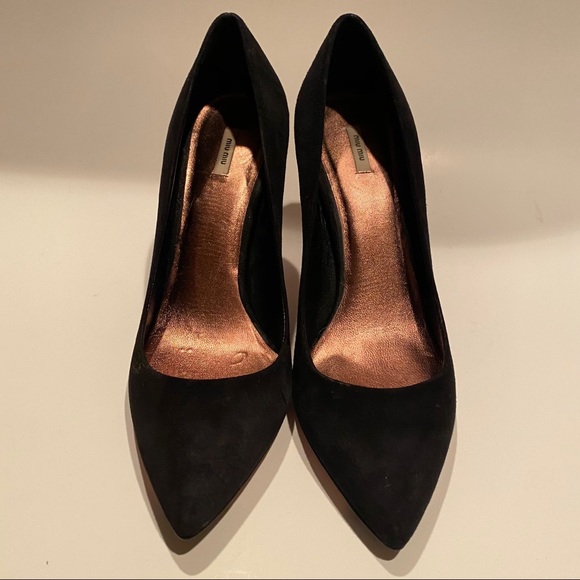 Miu Miu Heels Pointed Toe Classic Suede Black Gold - Picture 3 of 10